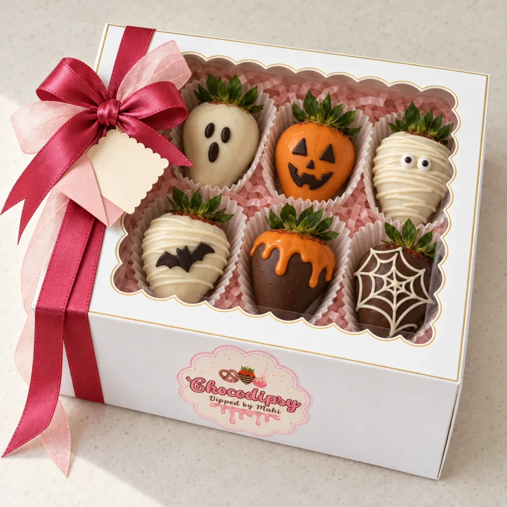 Boo Crew half-dozen design concept: six Halloween strawberries in a square white Chocodipsy window gift box with pink ribbon and brand sticker